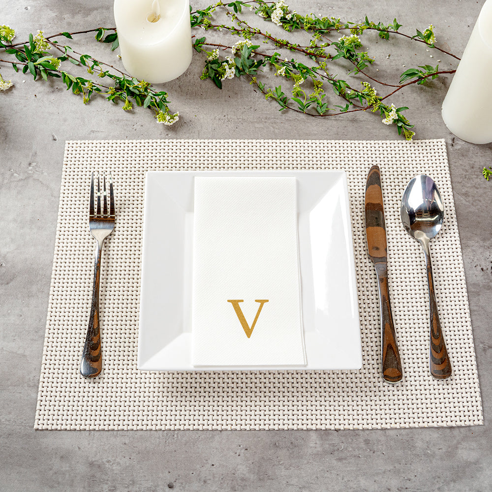 Luxenap Rectangle Gold Letter V White Paper Linen-Feel Guest Towel / Napkin - Air Laid, Sans Serif Font - 15 3/4" x 8" - 2000 count box
