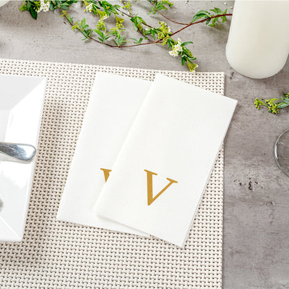 Luxenap Rectangle Gold Letter V White Paper Linen-Feel Guest Towel / Napkin - Air Laid, Sans Serif Font - 15 3/4" x 8" - 2000 count box