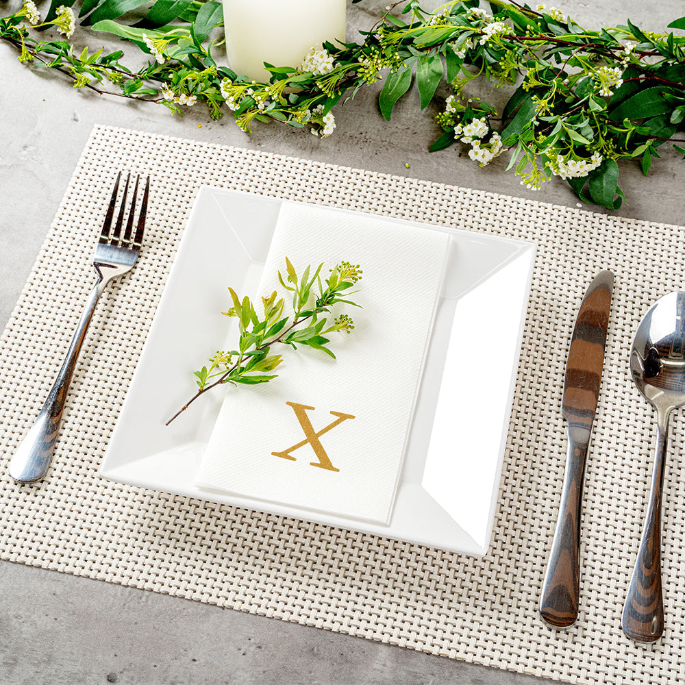 Luxenap Rectangle Gold Letter X White Paper Linen-Feel Guest Towel / Napkin - Air Laid, Sans Serif Font - 15 3/4" x 8" - 2000 count box