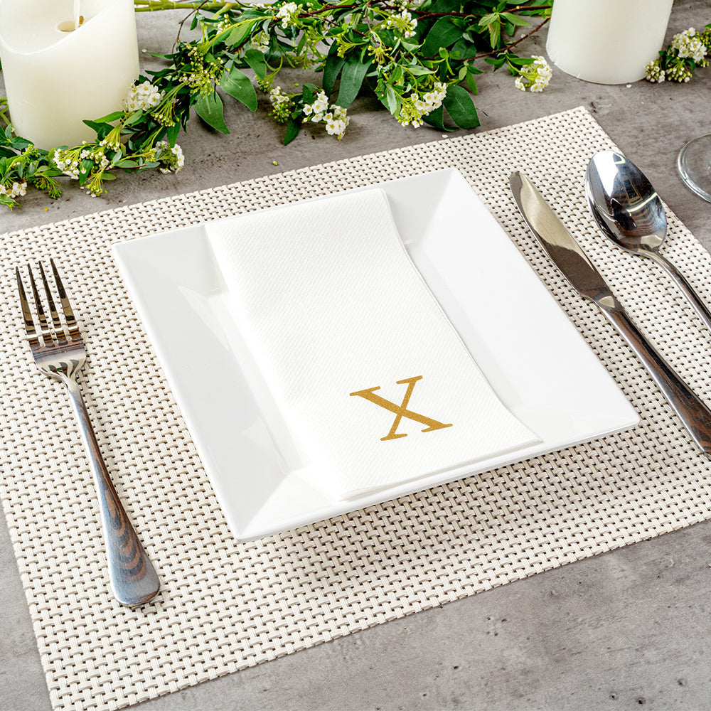 Luxenap Rectangle Gold Letter X White Paper Linen-Feel Guest Towel / Napkin - Air Laid, Sans Serif Font - 15 3/4" x 8" - 50 count box