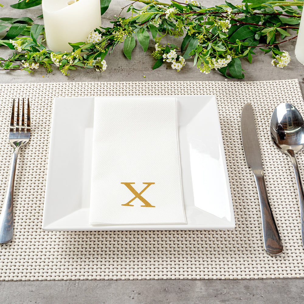 Luxenap Rectangle Gold Letter X White Paper Linen-Feel Guest Towel / Napkin - Air Laid, Sans Serif Font - 15 3/4" x 8" - 2000 count box