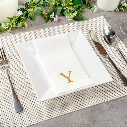 Luxenap Rectangle Gold Letter Y White Paper Linen-Feel Guest Towel / Napkin - Air Laid, Sans Serif Font - 15 3/4" x 8" - 50 count box