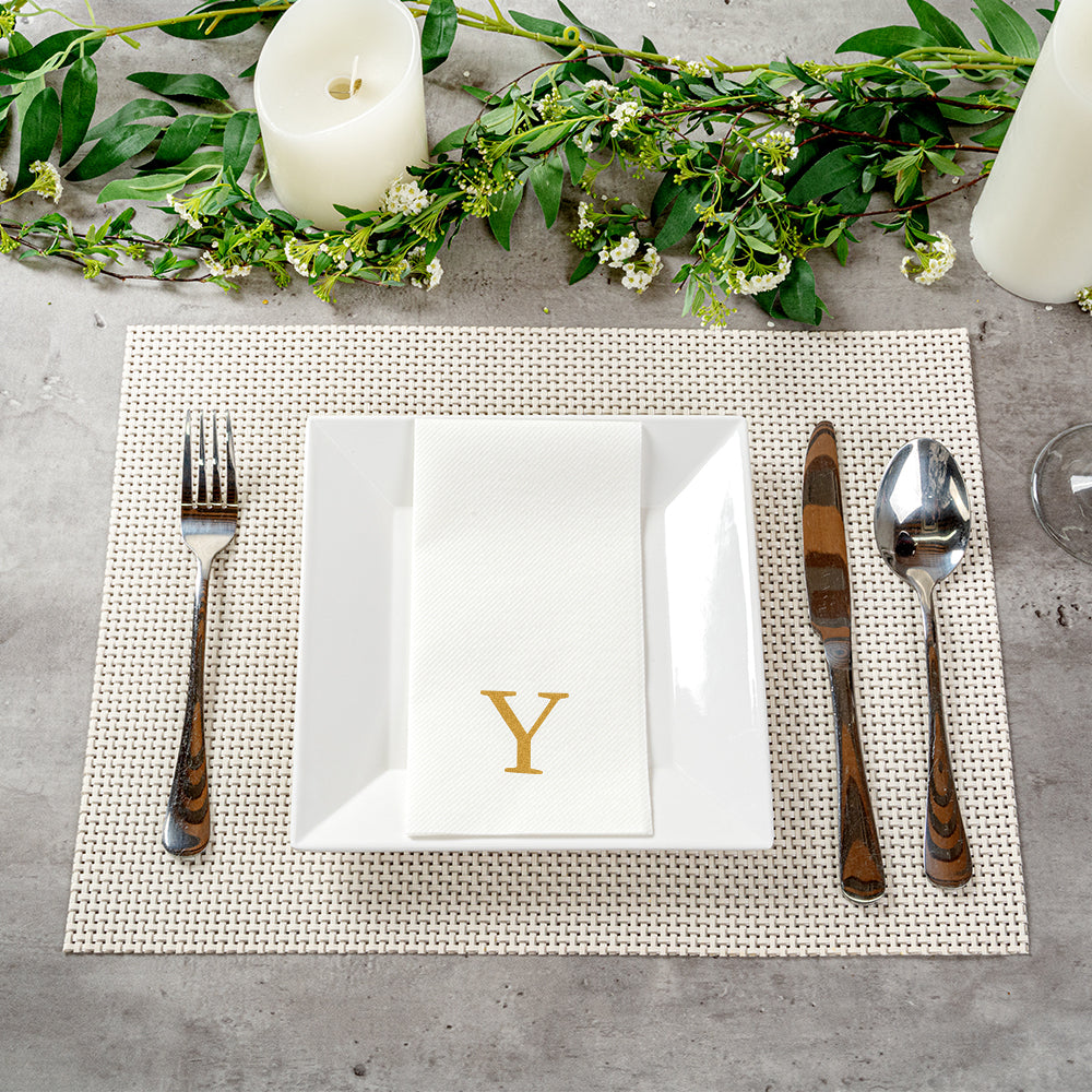 Luxenap Rectangle Gold Letter Y White Paper Linen-Feel Guest Towel / Napkin - Air Laid, Sans Serif Font - 15 3/4" x 8" - 2000 count box