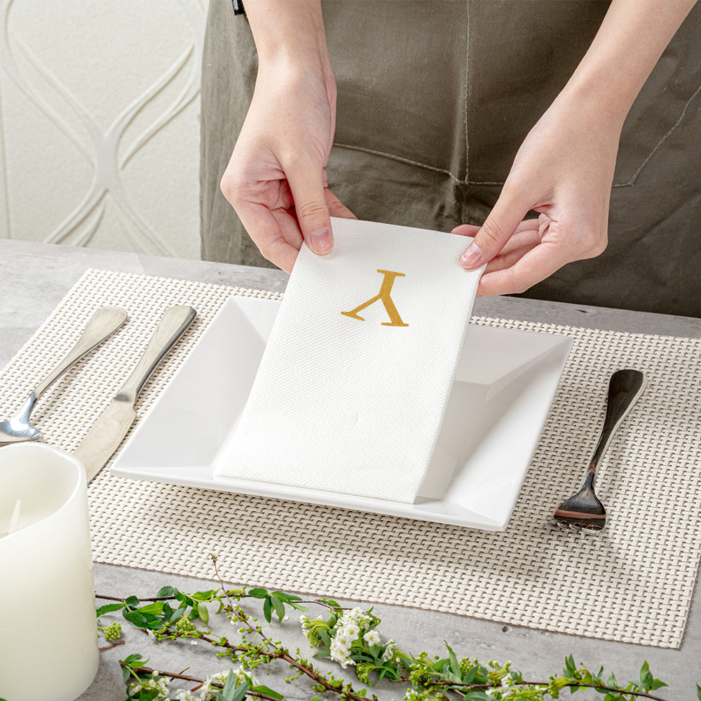 Luxenap Rectangle Gold Letter Y White Paper Linen-Feel Guest Towel / Napkin - Air Laid, Sans Serif Font - 15 3/4" x 8" - 2000 count box