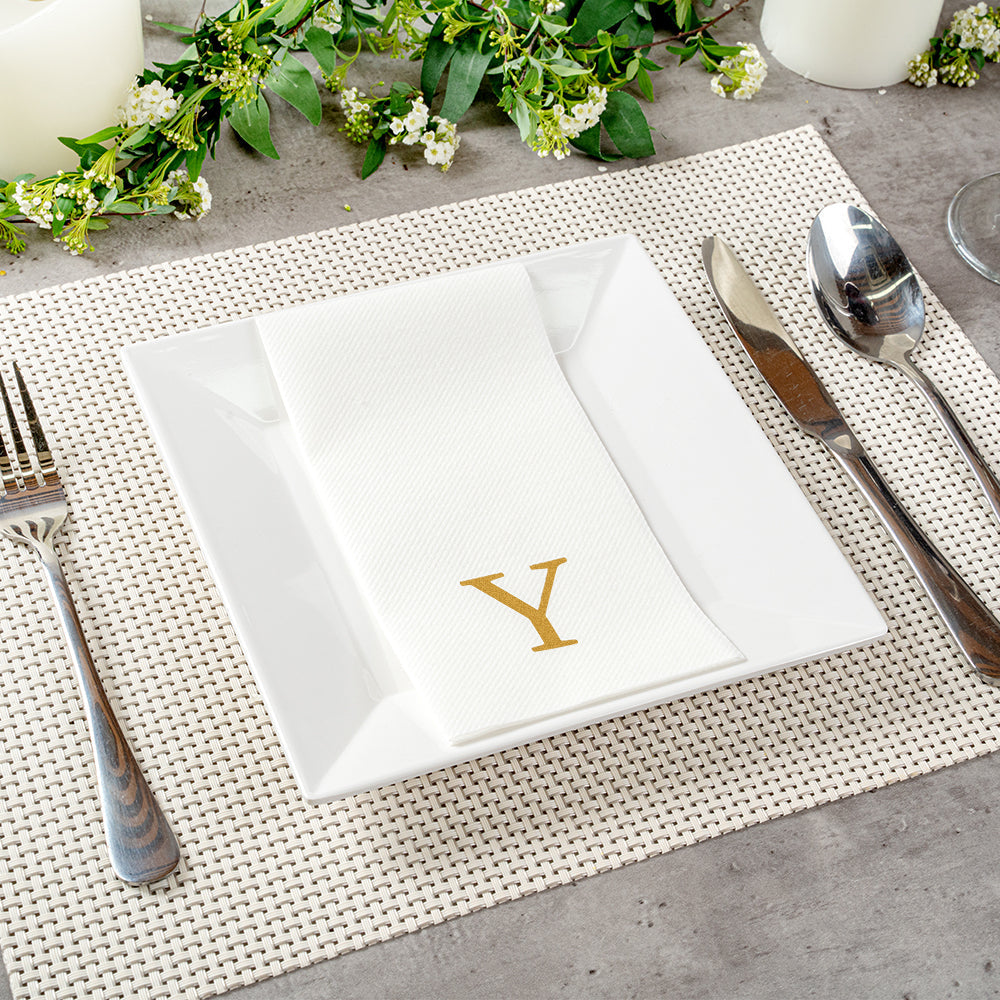 Luxenap Rectangle Gold Letter Y White Paper Linen-Feel Guest Towel / Napkin - Air Laid, Sans Serif Font - 15 3/4" x 8" - 2000 count box