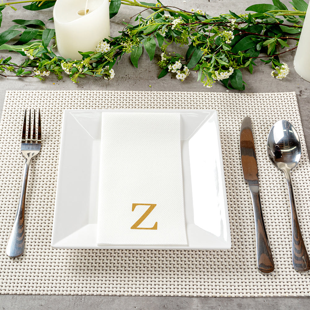 Luxenap Rectangle Gold Letter Z White Paper Linen-Feel Guest Towel / Napkin - Air Laid, Sans Serif Font - 15 3/4" x 8" - 2000 count box