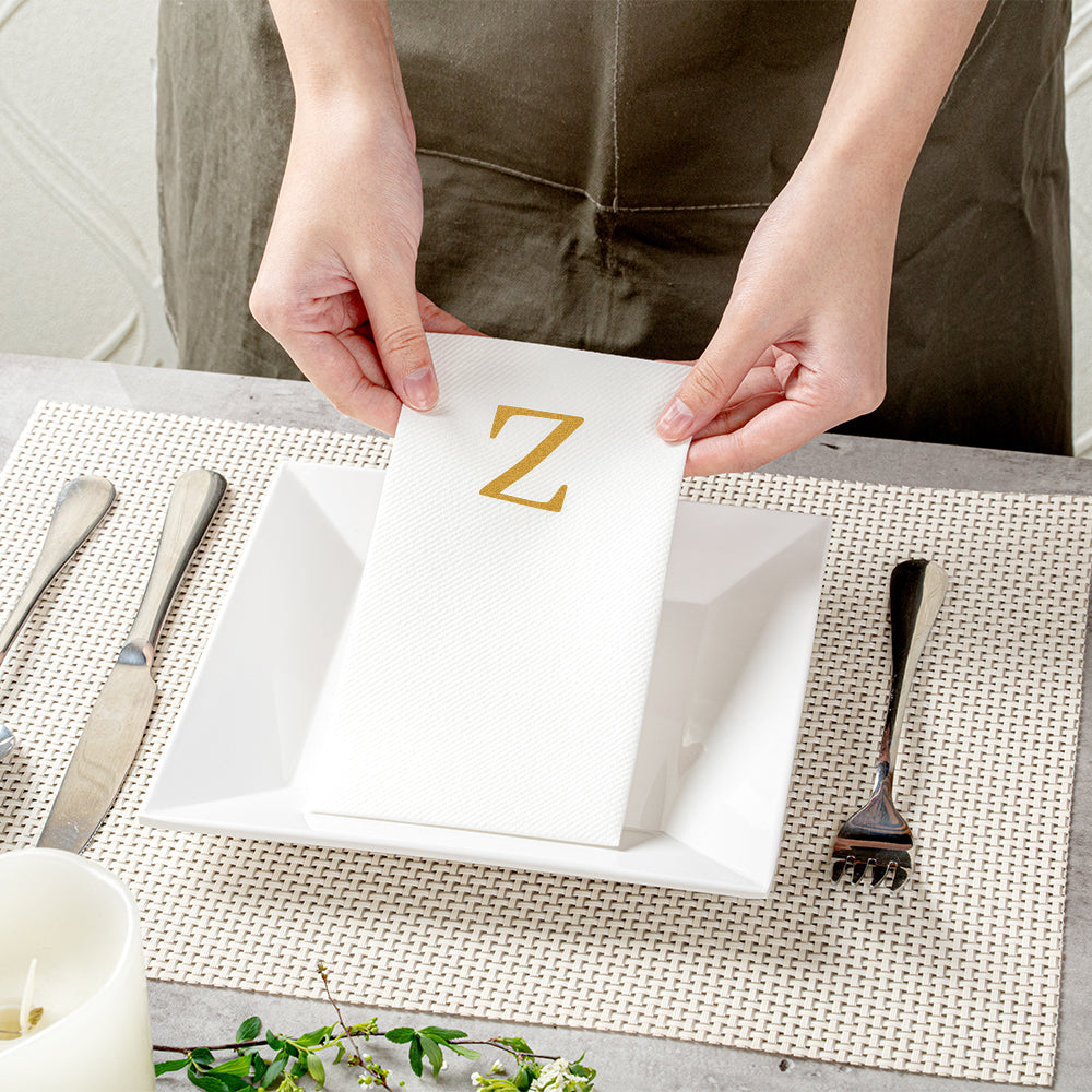 Luxenap Rectangle Gold Letter Z White Paper Linen-Feel Guest Towel / Napkin - Air Laid, Sans Serif Font - 15 3/4" x 8" - 2000 count box
