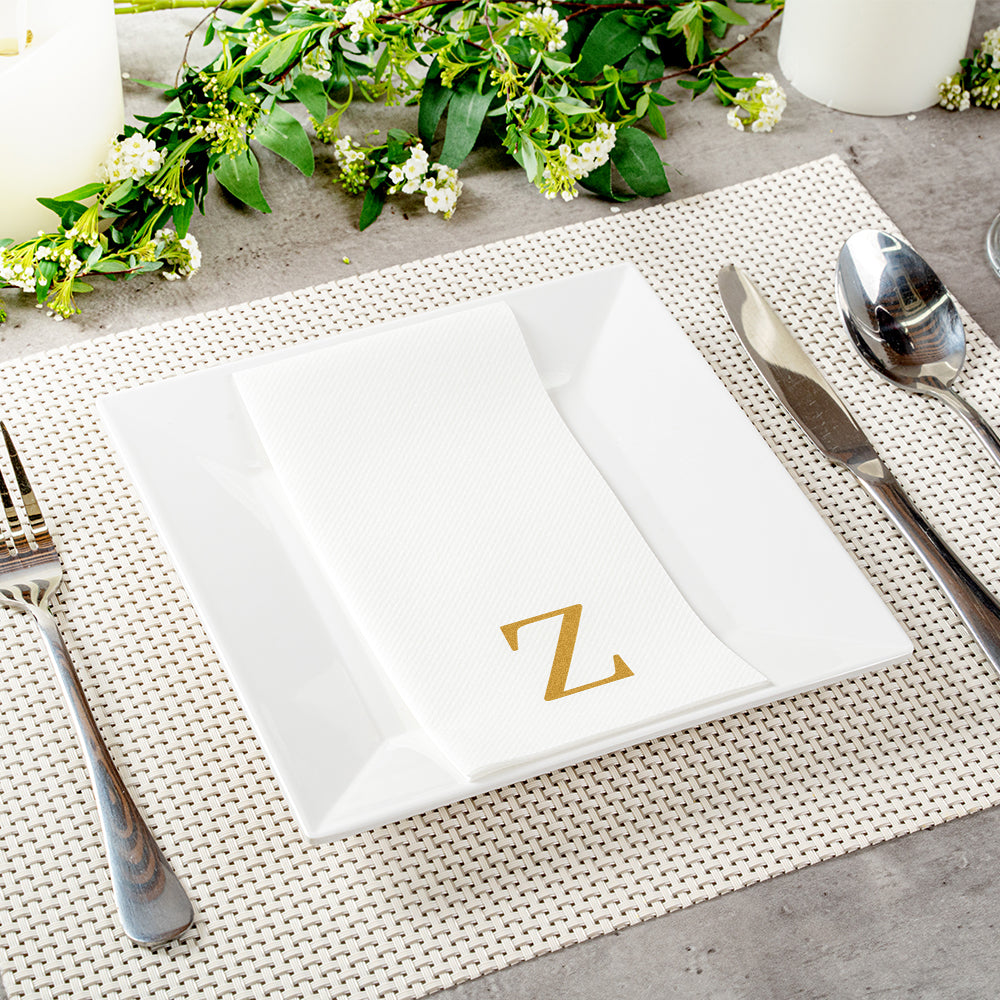Luxenap Rectangle Gold Letter Z White Paper Linen-Feel Guest Towel / Napkin - Air Laid, Sans Serif Font - 15 3/4" x 8" - 2000 count box
