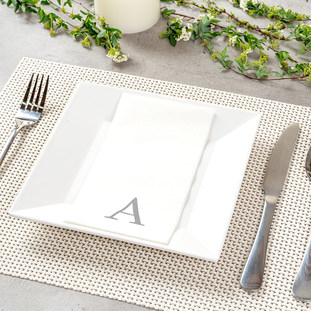 Luxenap Rectangle Silver Letter A White Paper Linen-Feel Guest Towel / Napkin - Air Laid, Sans Serif Font - 15 3/4" x 8" - 50 count box