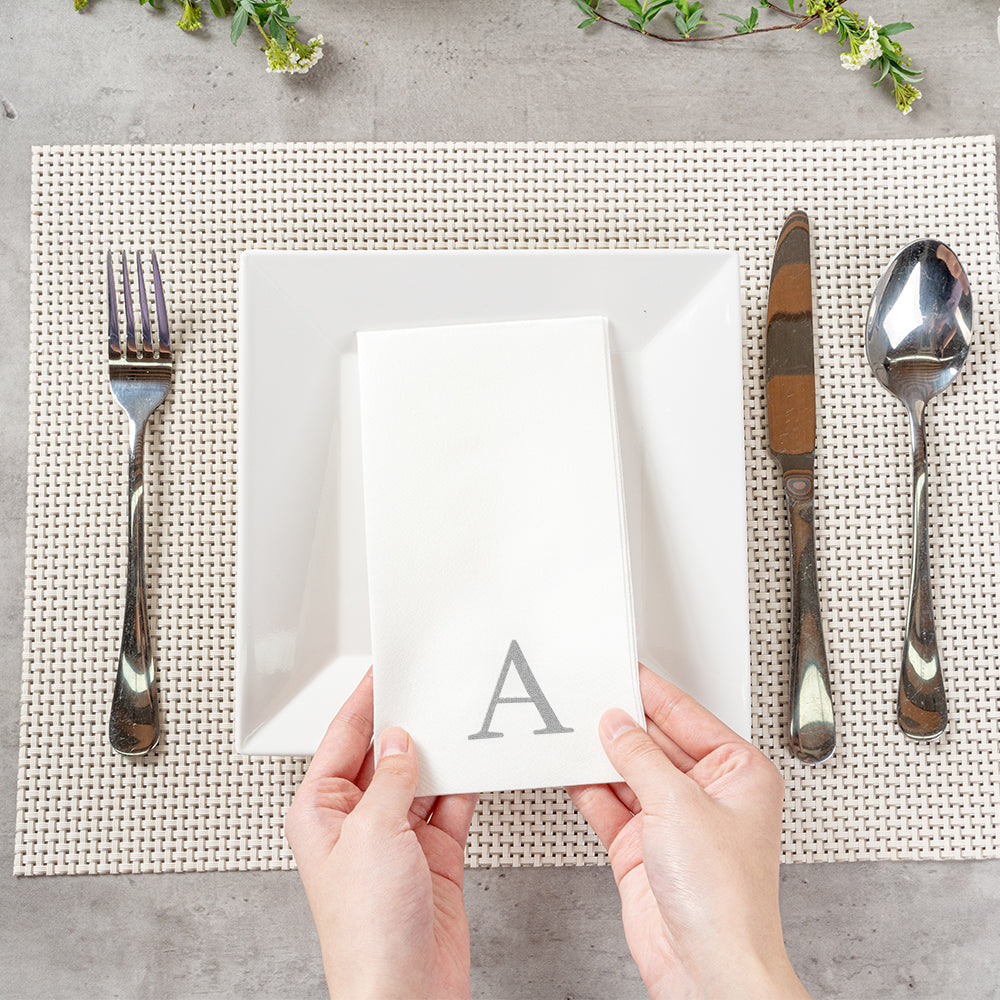 Luxenap Rectangle Silver Letter A White Paper Linen-Feel Guest Towel / Napkin - Air Laid, Sans Serif Font - 15 3/4" x 8" - 2000 count box
