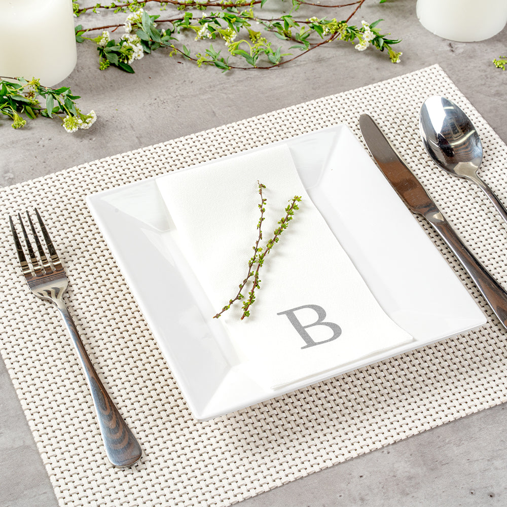 Luxenap Rectangle Silver Letter B White Paper Linen-Feel Guest Towel / Napkin - Air Laid, Sans Serif Font - 15 3/4" x 8" - 50 count box