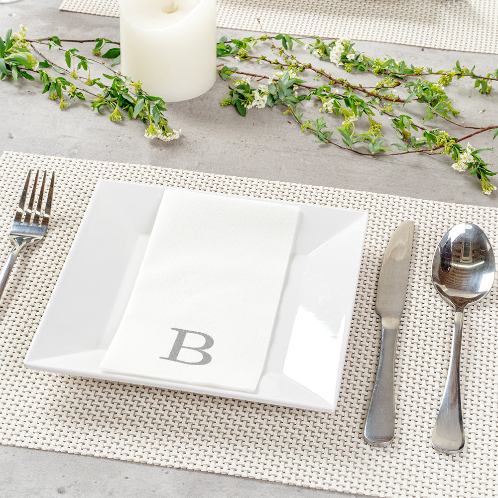 Luxenap Rectangle Silver Letter B White Paper Linen-Feel Guest Towel / Napkin - Air Laid, Sans Serif Font - 15 3/4" x 8" - 50 count box