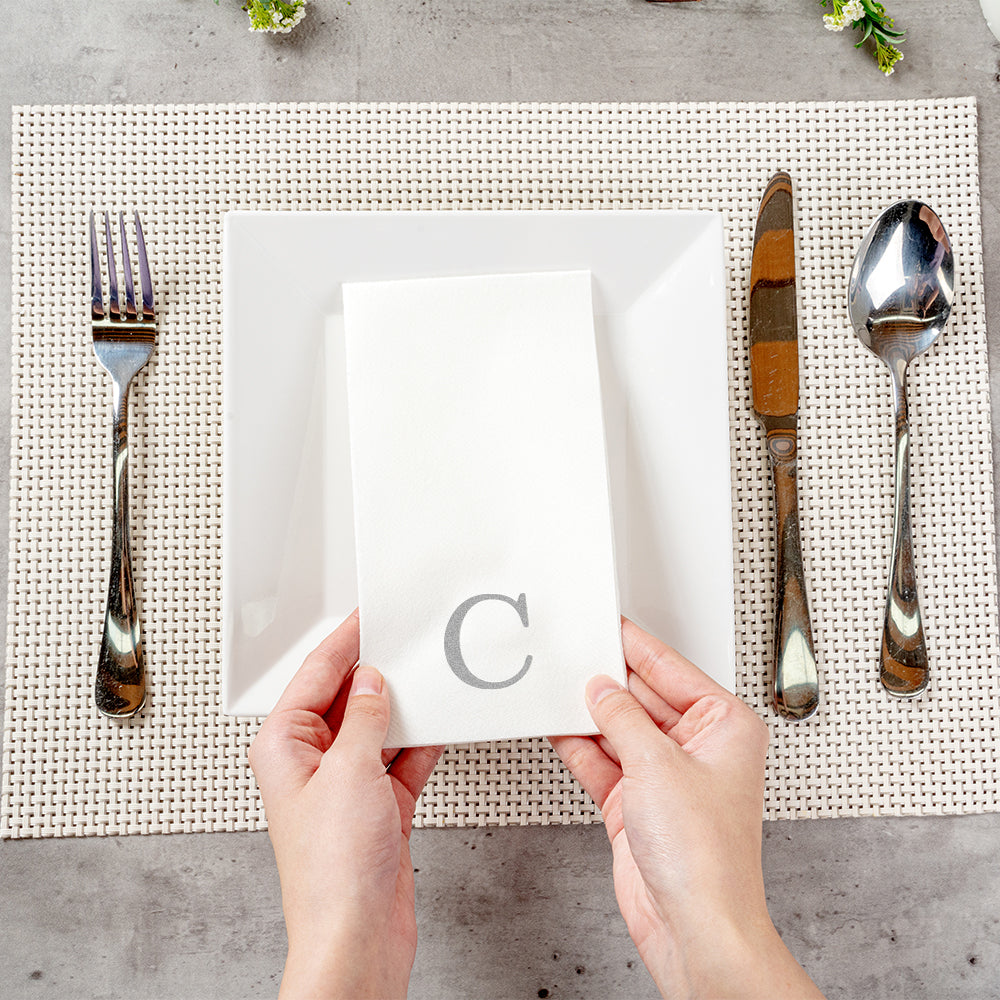Luxenap Rectangle Silver Letter C White Paper Linen-Feel Guest Towel / Napkin - Air Laid, Sans Serif Font - 15 3/4" x 8" - 2000 count box