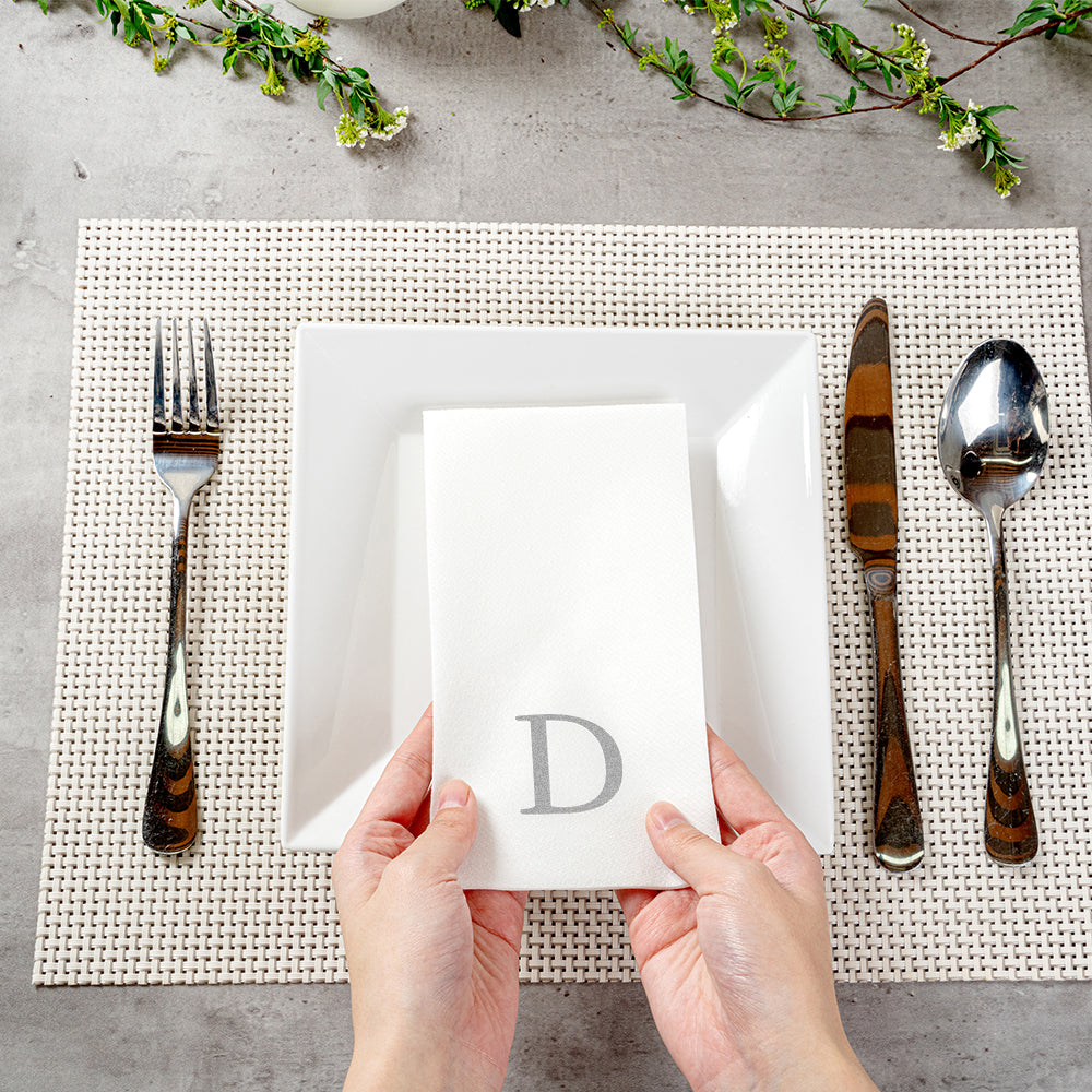 Luxenap Rectangle Silver Letter D White Paper Linen-Feel Guest Towel / Napkin - Air Laid, Sans Serif Font - 15 3/4" x 8" - 50 count box