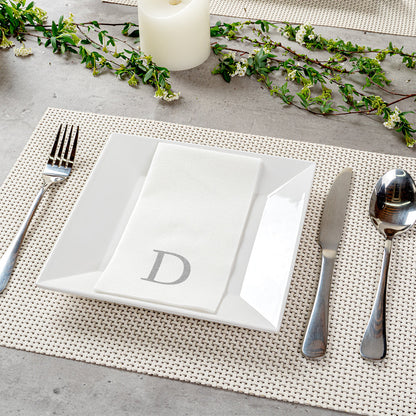 Luxenap Rectangle Silver Letter D White Paper Linen-Feel Guest Towel / Napkin - Air Laid, Sans Serif Font - 15 3/4" x 8" - 50 count box
