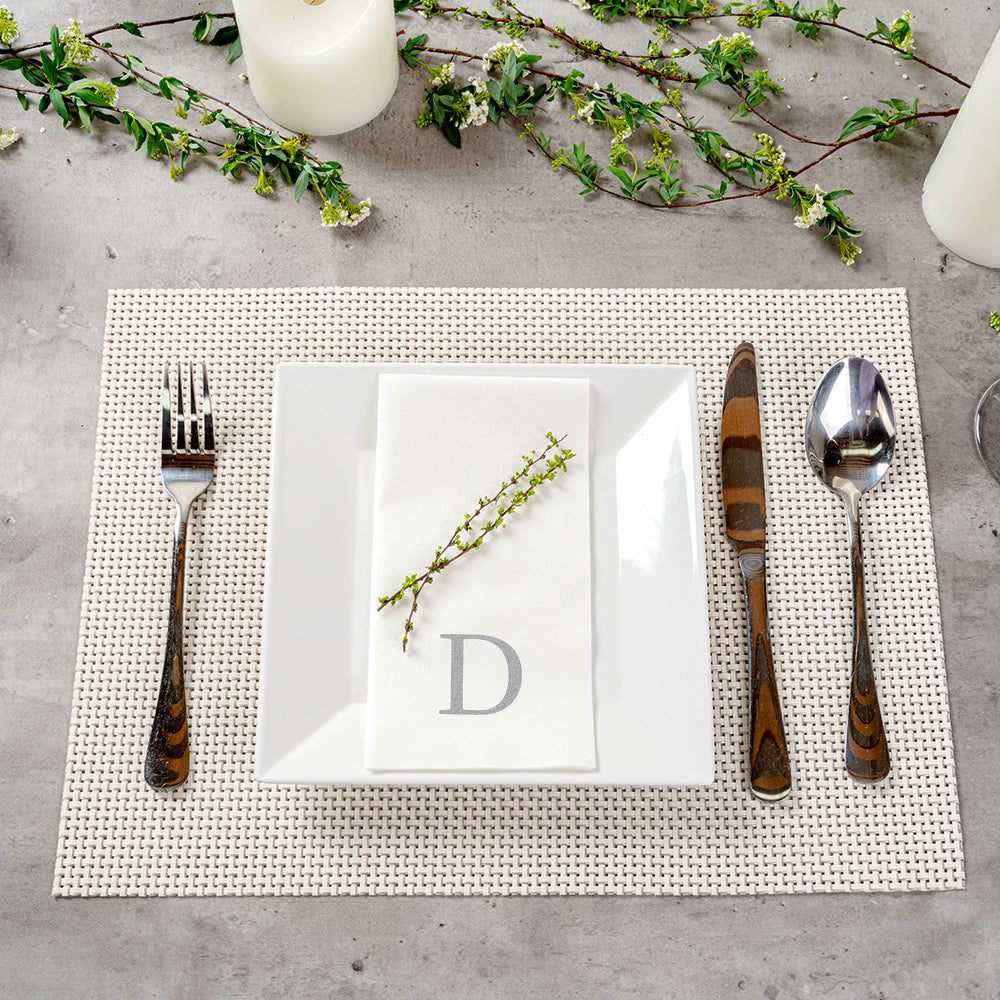 Luxenap Rectangle Silver Letter D White Paper Linen-Feel Guest Towel / Napkin - Air Laid, Sans Serif Font - 15 3/4" x 8" - 2000 count box