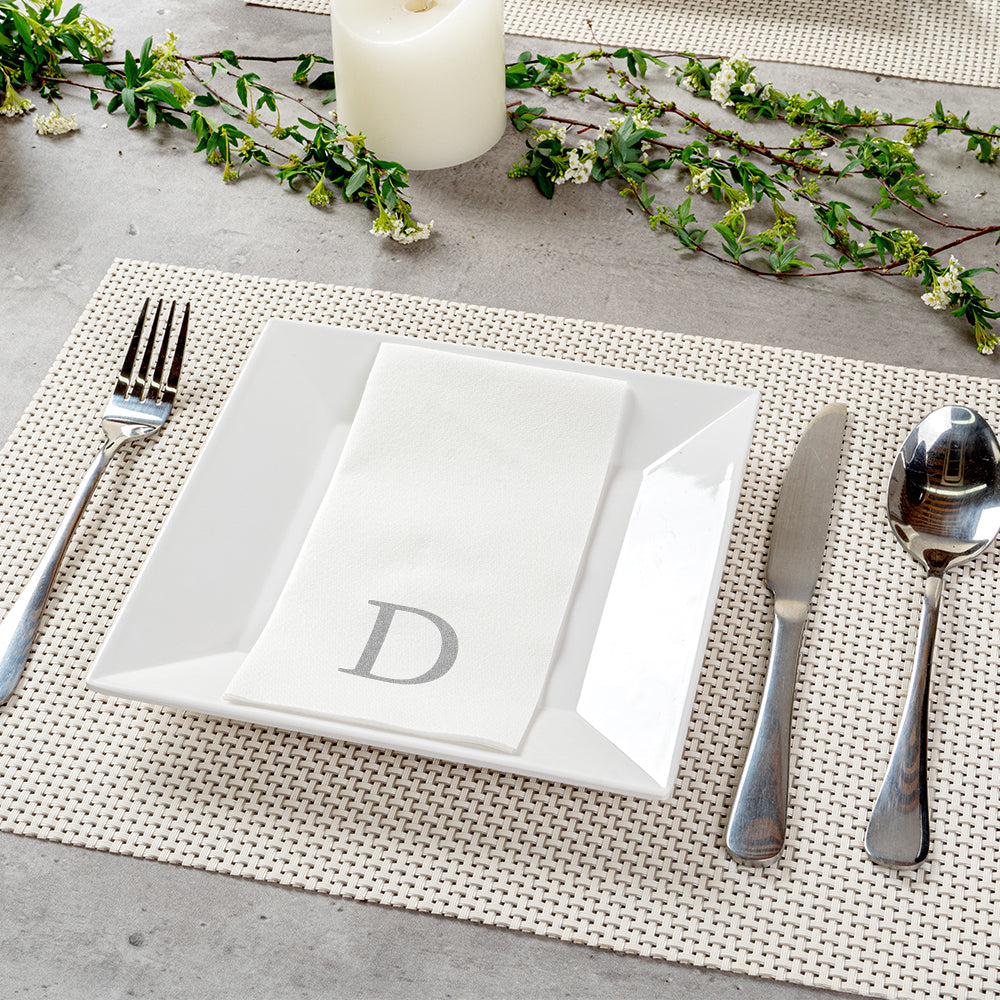 Luxenap Rectangle Silver Letter D White Paper Linen-Feel Guest Towel / Napkin - Air Laid, Sans Serif Font - 15 3/4" x 8" - 2000 count box