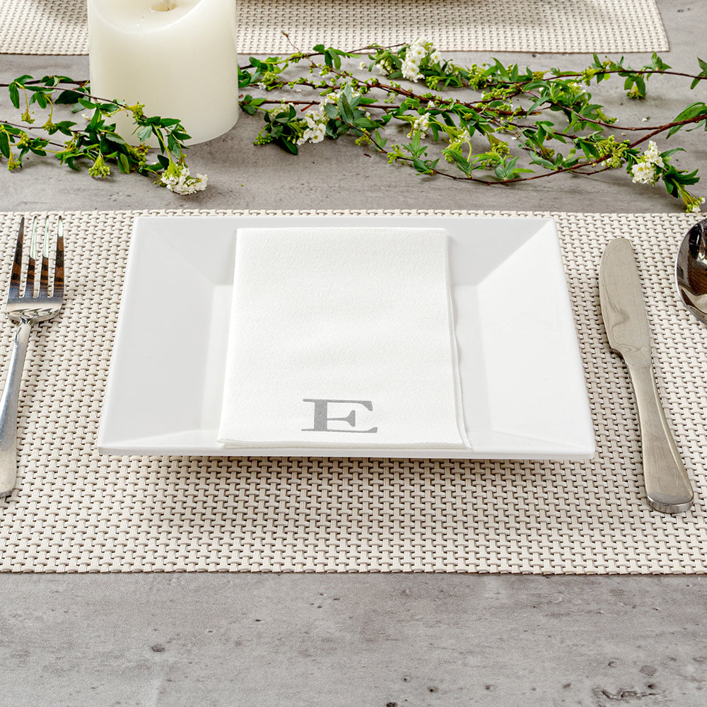 Luxenap Rectangle Silver Letter E White Paper Linen-Feel Guest Towel / Napkin - Air Laid, Sans Serif Font - 15 3/4" x 8" - 50 count box