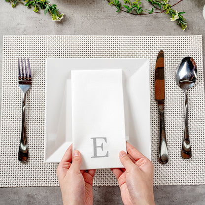 Luxenap Rectangle Silver Letter E White Paper Linen-Feel Guest Towel / Napkin - Air Laid, Sans Serif Font - 15 3/4" x 8" - 2000 count box