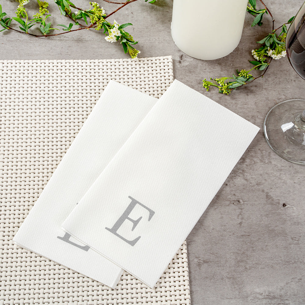 Luxenap Rectangle Silver Letter E White Paper Linen-Feel Guest Towel / Napkin - Air Laid, Sans Serif Font - 15 3/4" x 8" - 2000 count box