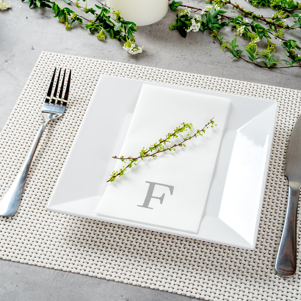 Luxenap Rectangle Silver Letter F White Paper Linen-Feel Guest Towel / Napkin - Air Laid, Sans Serif Font - 15 3/4" x 8" - 50 count box