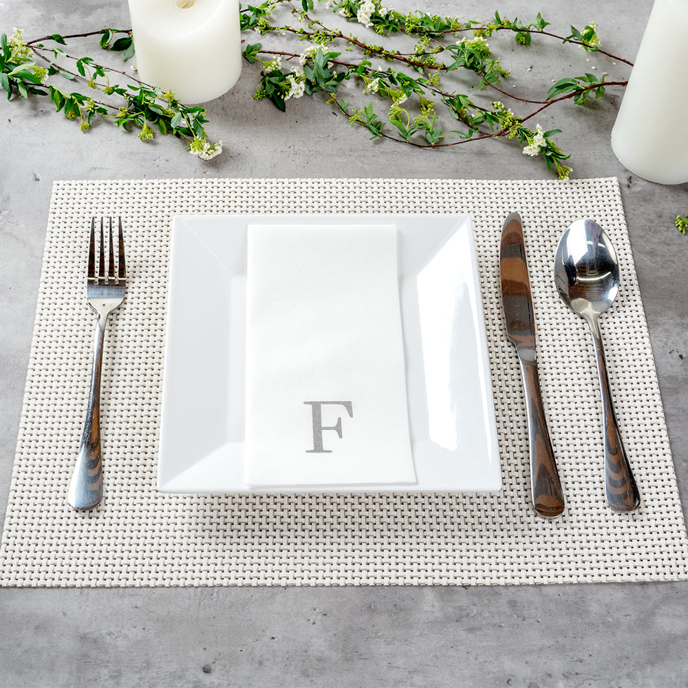 Luxenap Rectangle Silver Letter F White Paper Linen-Feel Guest Towel / Napkin - Air Laid, Sans Serif Font - 15 3/4" x 8" - 50 count box