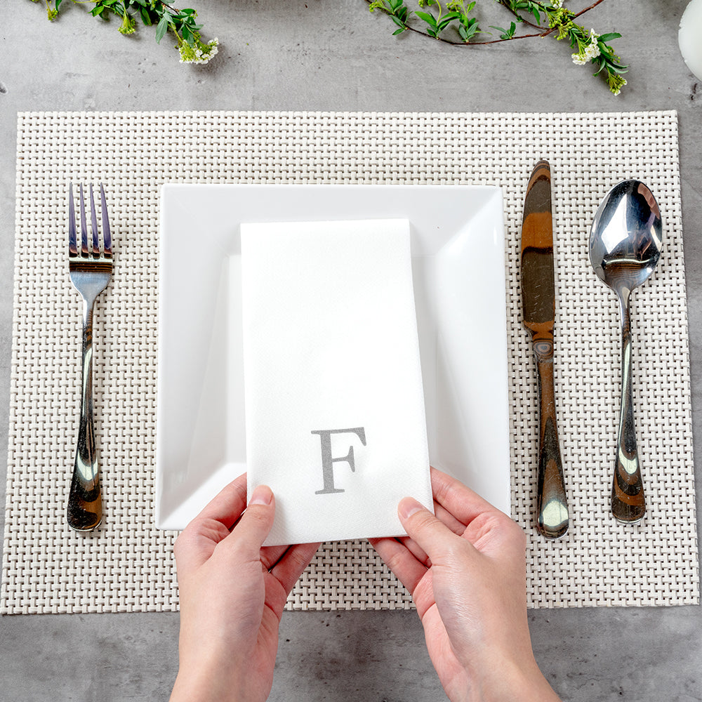 Luxenap Rectangle Silver Letter F White Paper Linen-Feel Guest Towel / Napkin - Air Laid, Sans Serif Font - 15 3/4" x 8" - 2000 count box