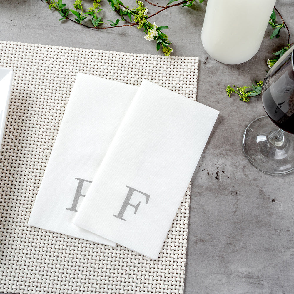 Luxenap Rectangle Silver Letter F White Paper Linen-Feel Guest Towel / Napkin - Air Laid, Sans Serif Font - 15 3/4" x 8" - 2000 count box