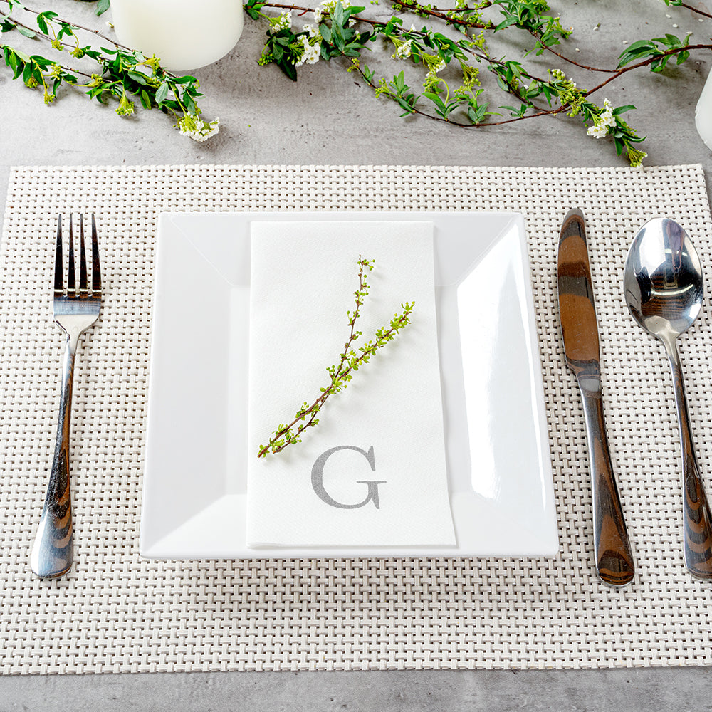 Luxenap Rectangle Silver Letter G White Paper Linen-Feel Guest Towel / Napkin - Air Laid, Sans Serif Font - 15 3/4" x 8" - 50 count box