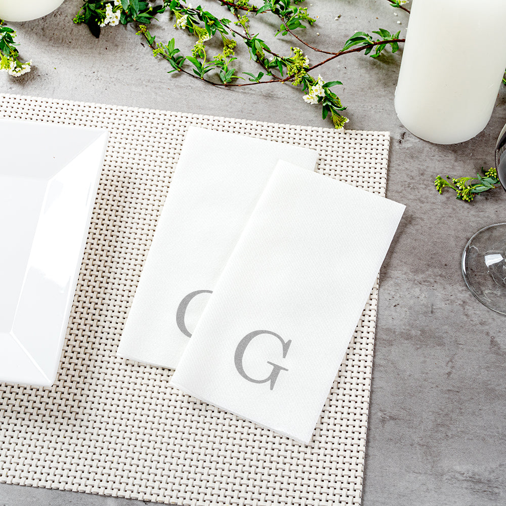 Luxenap Rectangle Silver Letter G White Paper Linen-Feel Guest Towel / Napkin - Air Laid, Sans Serif Font - 15 3/4" x 8" - 50 count box