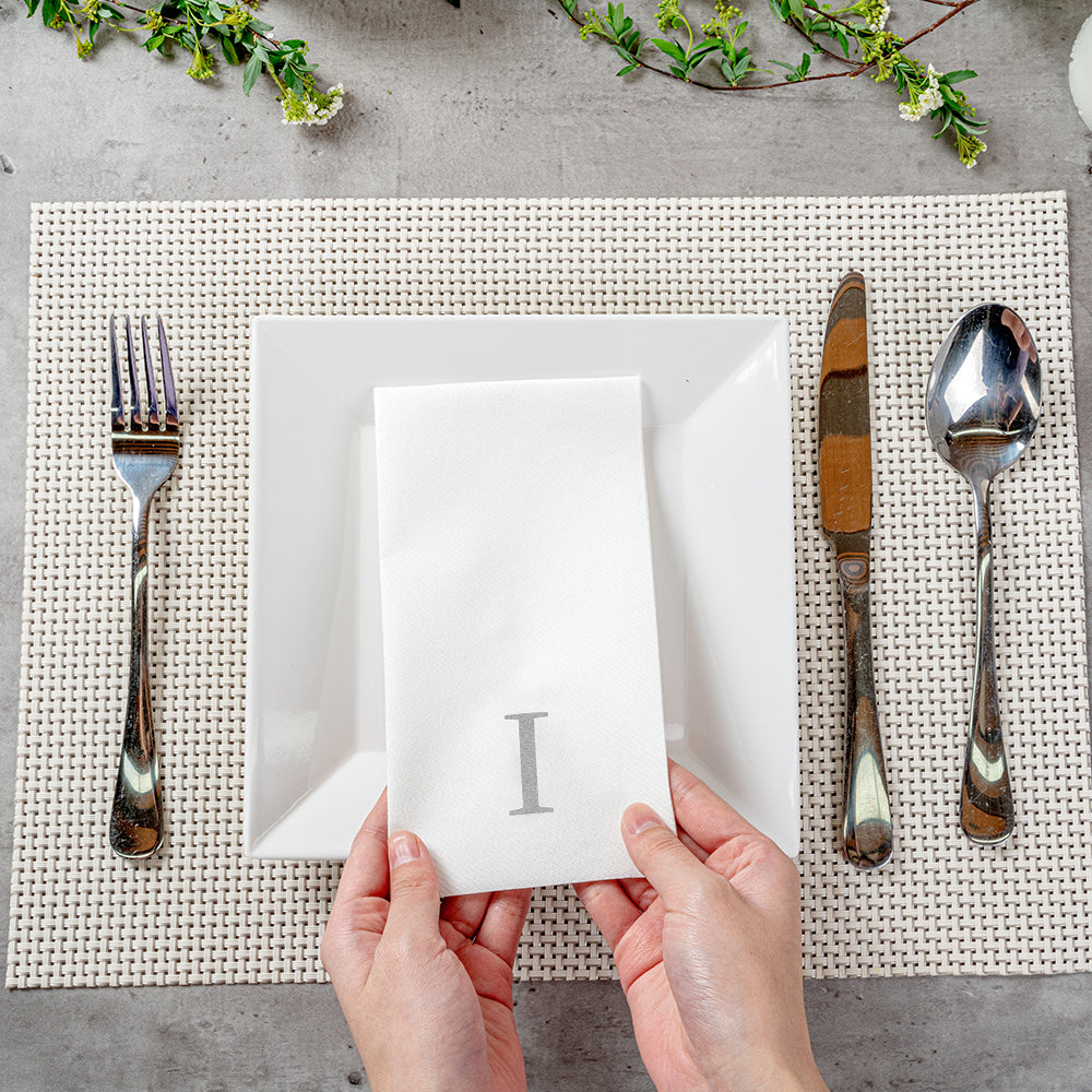 Luxenap Rectangle Silver Letter I White Paper Linen-Feel Guest Towel / Napkin - Air Laid, Sans Serif Font - 15 3/4" x 8" - 50 count box
