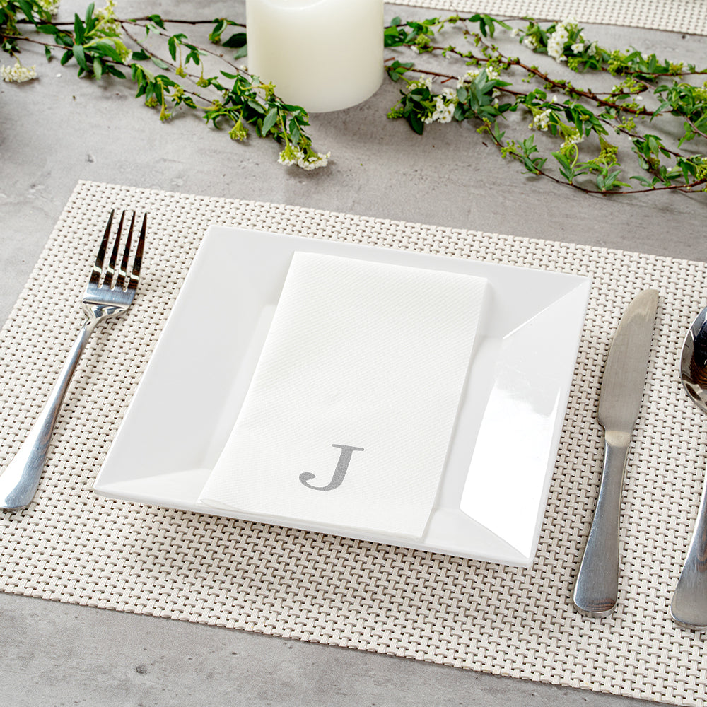 Luxenap Rectangle Silver Letter J White Paper Linen-Feel Guest Towel / Napkin - Air Laid, Sans Serif Font - 15 3/4" x 8" - 50 count box