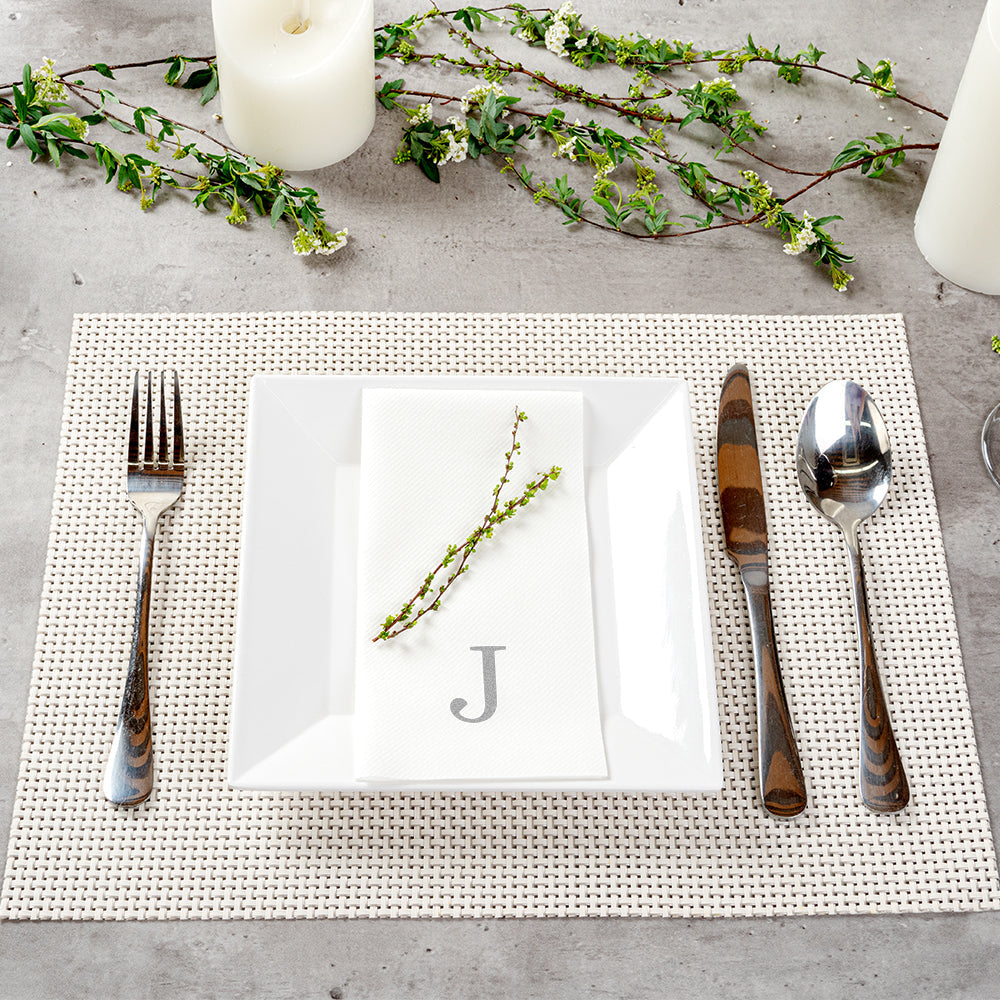 Luxenap Rectangle Silver Letter J White Paper Linen-Feel Guest Towel / Napkin - Air Laid, Sans Serif Font - 15 3/4" x 8" - 50 count box