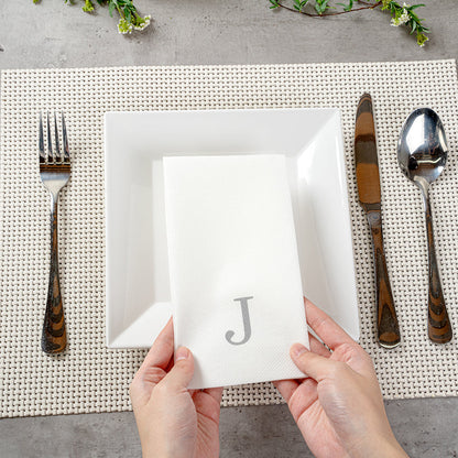 Luxenap Rectangle Silver Letter J White Paper Linen-Feel Guest Towel / Napkin - Air Laid, Sans Serif Font - 15 3/4" x 8" - 50 count box