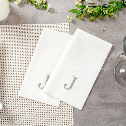 Luxenap Rectangle Silver Letter J White Paper Linen-Feel Guest Towel / Napkin - Air Laid, Sans Serif Font - 15 3/4" x 8" - 50 count box