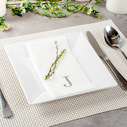 Luxenap Rectangle Silver Letter J White Paper Linen-Feel Guest Towel / Napkin - Air Laid, Sans Serif Font - 15 3/4" x 8" - 50 count box