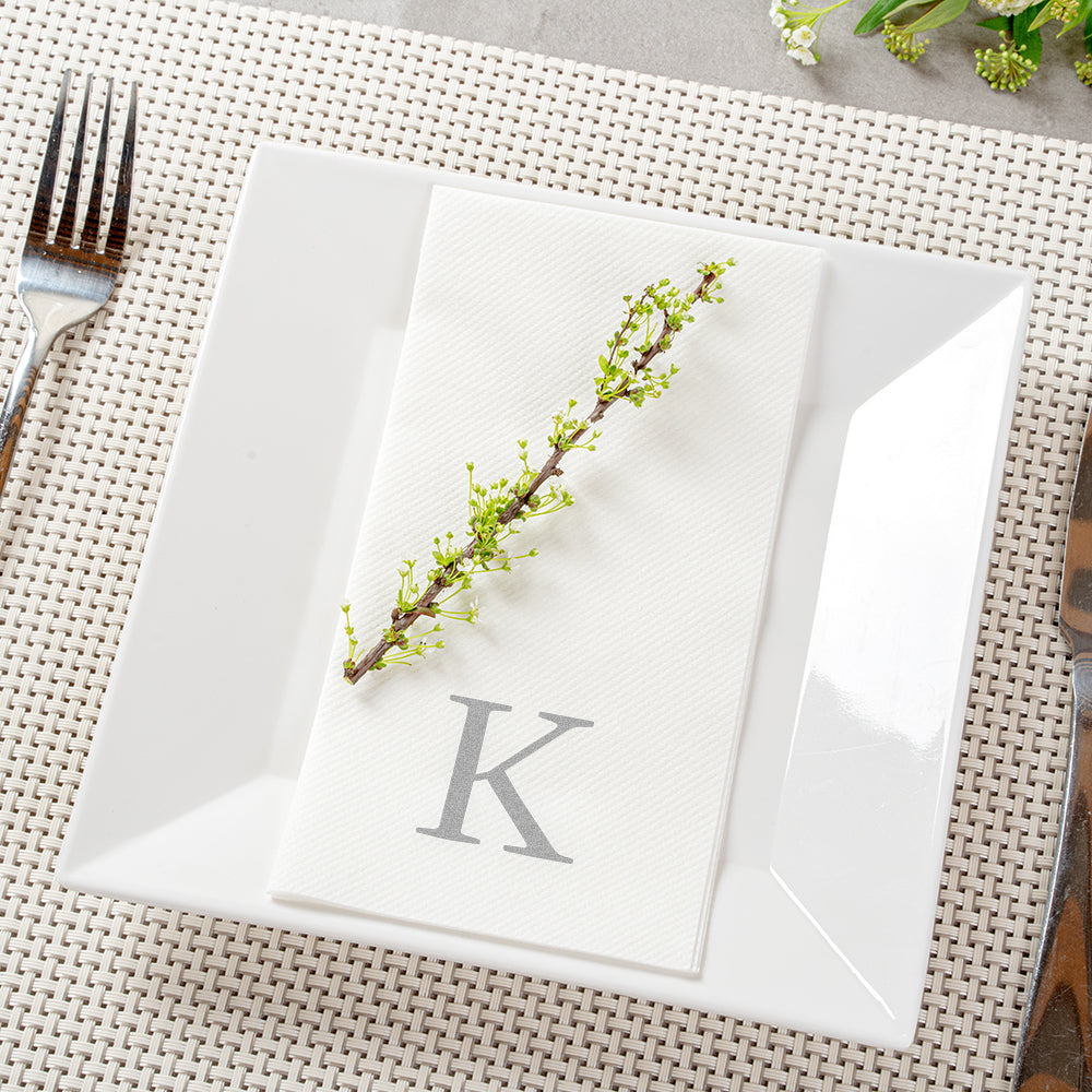 Luxenap Rectangle Silver Letter K White Paper Linen-Feel Guest Towel / Napkin - Air Laid, Sans Serif Font - 15 3/4" x 8" - 50 count box