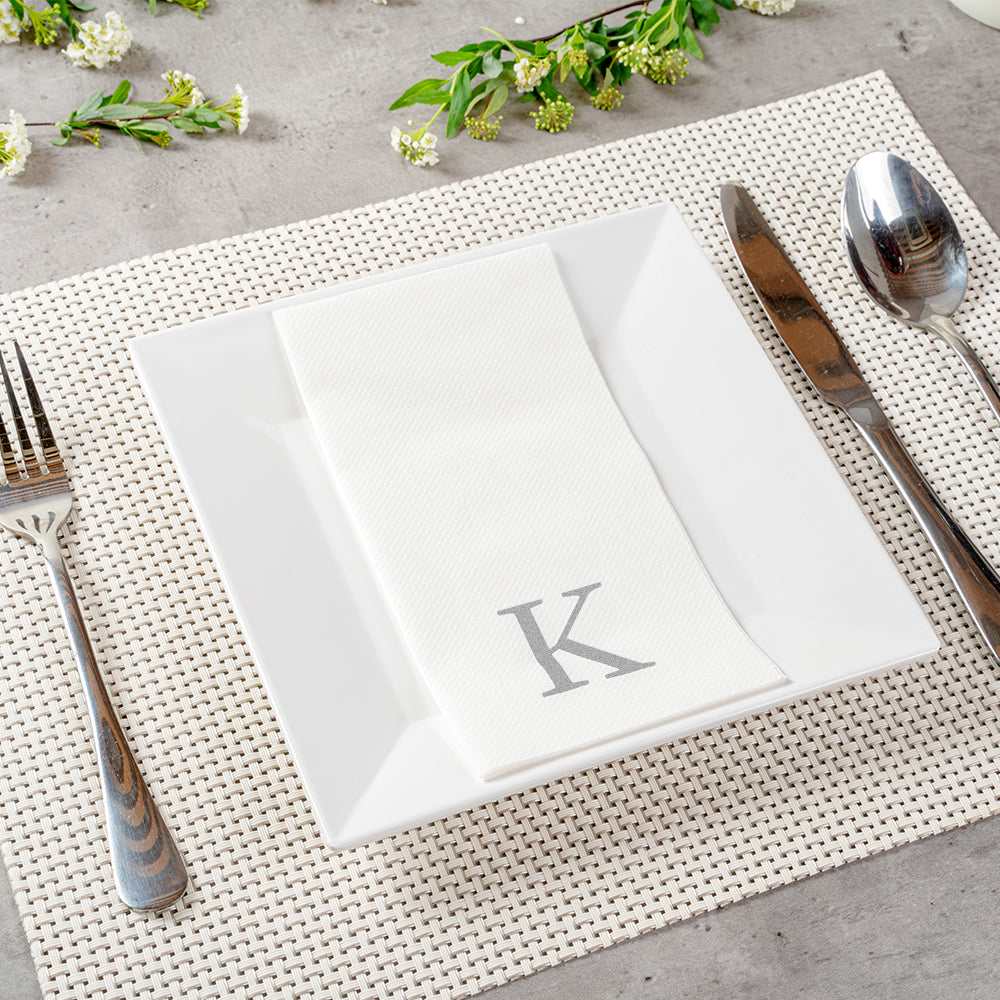 Luxenap Rectangle Silver Letter K White Paper Linen-Feel Guest Towel / Napkin - Air Laid, Sans Serif Font - 15 3/4" x 8" - 50 count box