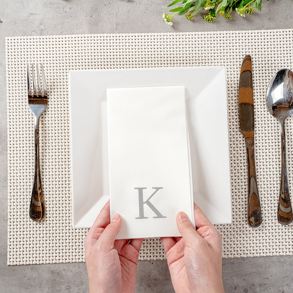 Luxenap Rectangle Silver Letter K White Paper Linen-Feel Guest Towel / Napkin - Air Laid, Sans Serif Font - 15 3/4" x 8" - 2000 count box