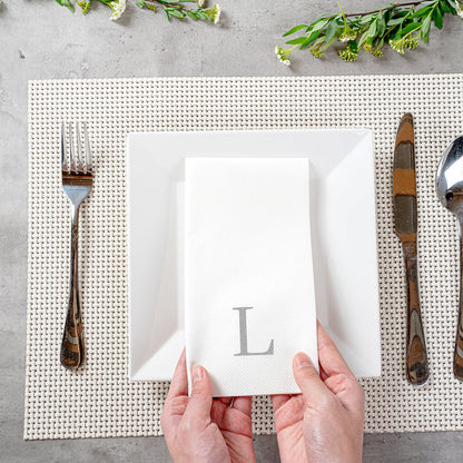 Luxenap Rectangle Silver Letter L White Paper Linen-Feel Guest Towel / Napkin - Air Laid, Sans Serif Font - 15 3/4" x 8" - 50 count box