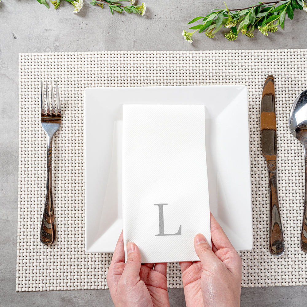 Luxenap Rectangle Silver Letter L White Paper Linen-Feel Guest Towel / Napkin - Air Laid, Sans Serif Font - 15 3/4" x 8" - 2000 count box
