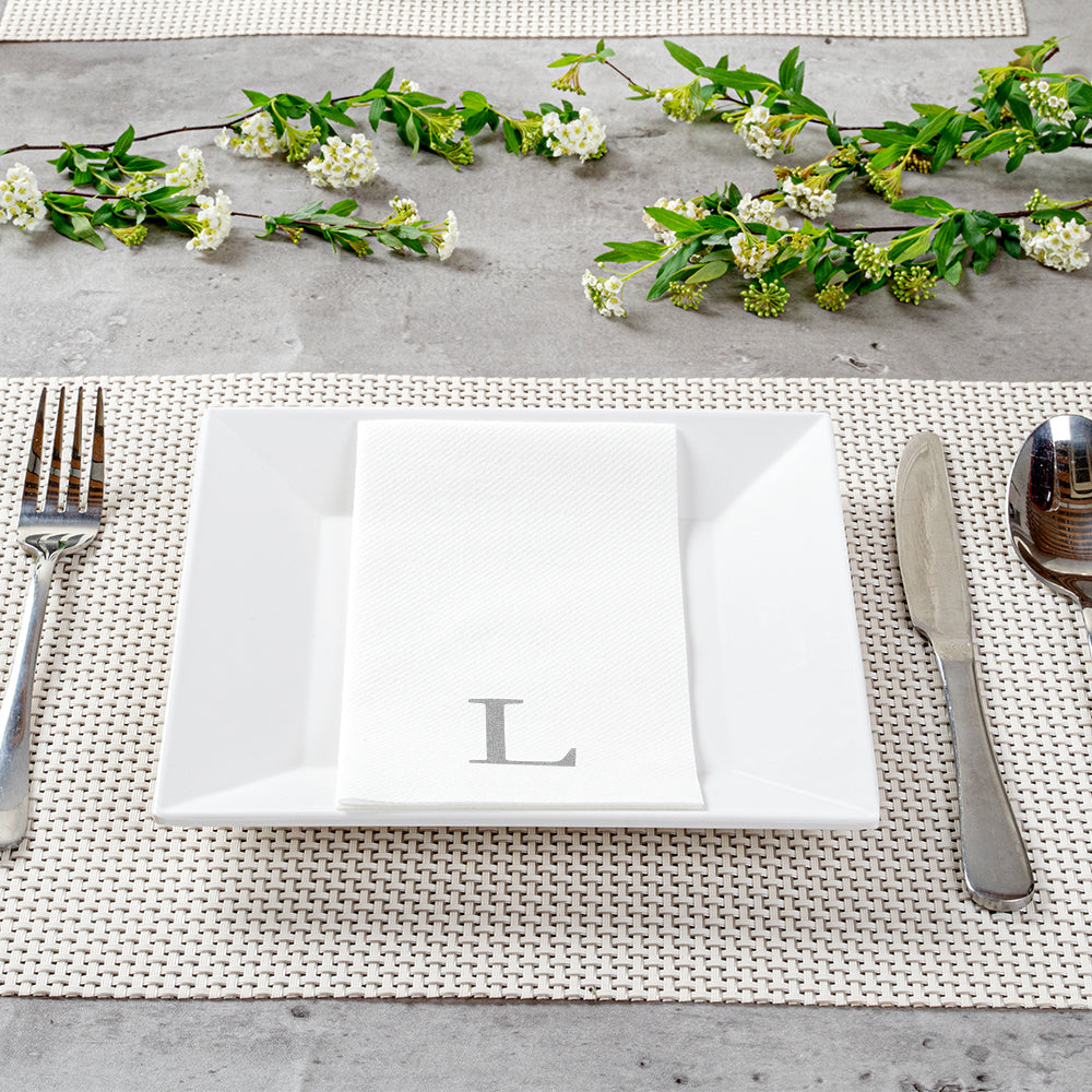 Luxenap Rectangle Silver Letter L White Paper Linen-Feel Guest Towel / Napkin - Air Laid, Sans Serif Font - 15 3/4" x 8" - 2000 count box