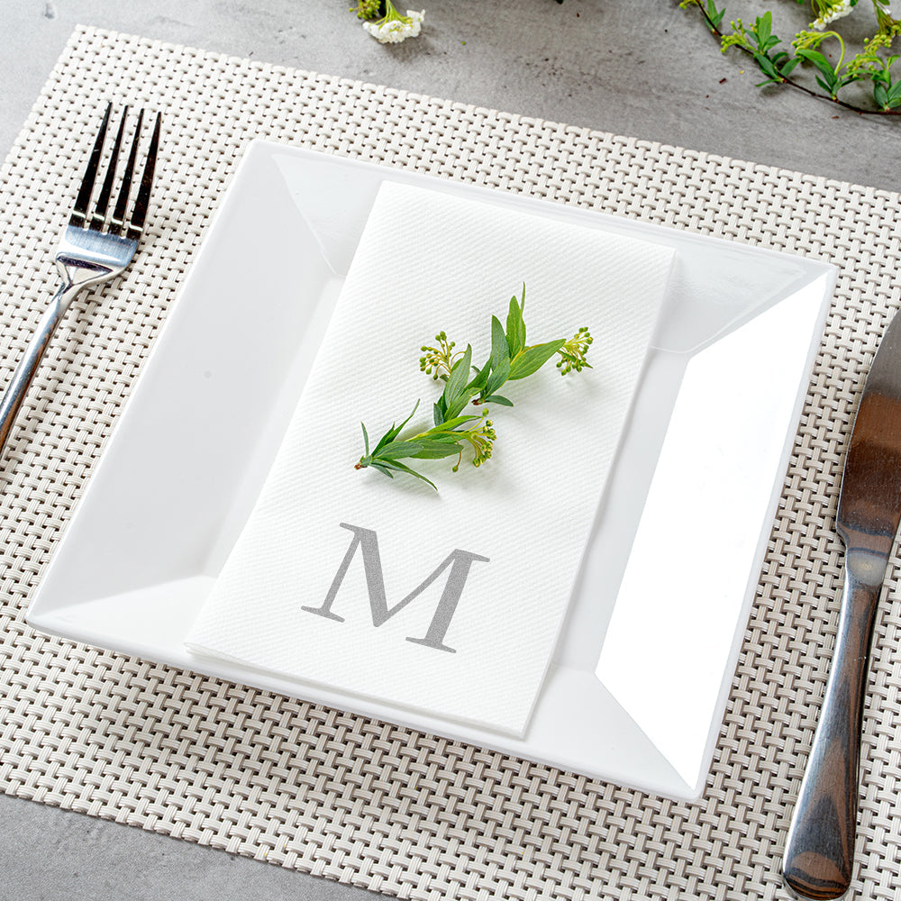 Luxenap Rectangle Silver Letter M White Paper Linen-Feel Guest Towel / Napkin - Air Laid, Sans Serif Font - 15 3/4" x 8" - 2000 count box
