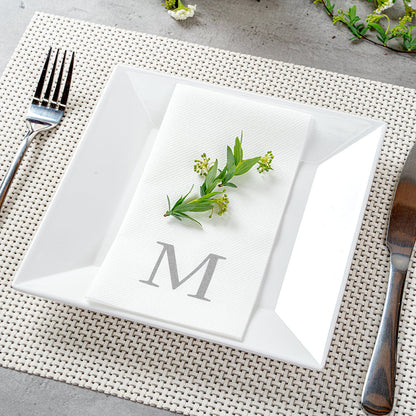 Luxenap Rectangle Silver Letter M White Paper Linen-Feel Guest Towel / Napkin - Air Laid, Sans Serif Font - 15 3/4" x 8" - 2000 count box