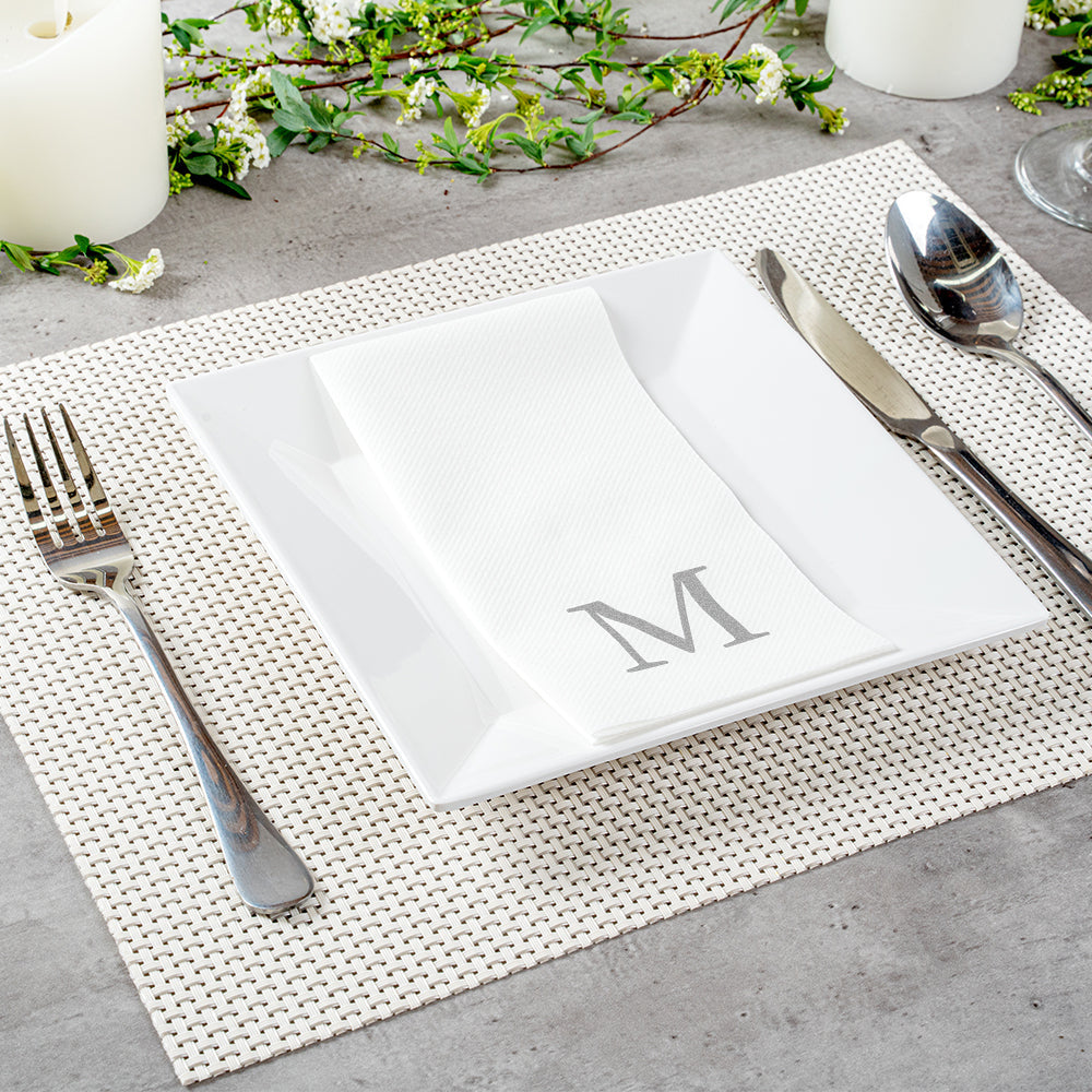 Luxenap Rectangle Silver Letter M White Paper Linen-Feel Guest Towel / Napkin - Air Laid, Sans Serif Font - 15 3/4" x 8" - 2000 count box