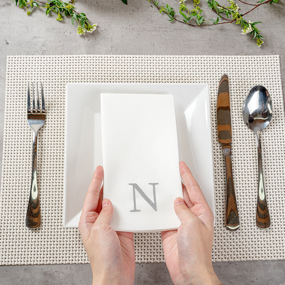 Luxenap Rectangle Silver Letter N White Paper Linen-Feel Guest Towel / Napkin - Air Laid, Sans Serif Font - 15 3/4" x 8" - 50 count box