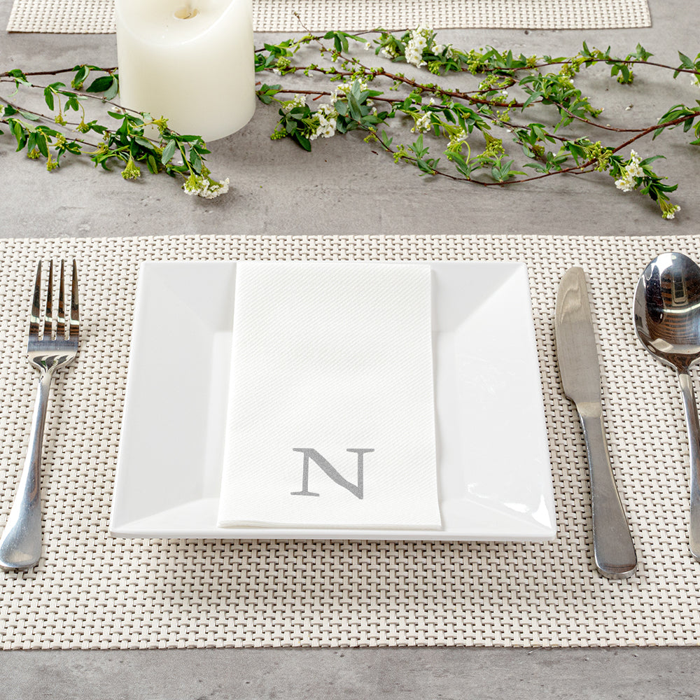Luxenap Rectangle Silver Letter N White Paper Linen-Feel Guest Towel / Napkin - Air Laid, Sans Serif Font - 15 3/4" x 8" - 50 count box
