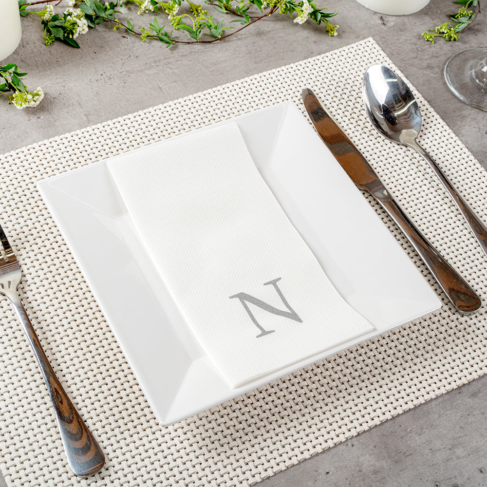 Luxenap Rectangle Silver Letter N White Paper Linen-Feel Guest Towel / Napkin - Air Laid, Sans Serif Font - 15 3/4" x 8" - 2000 count box