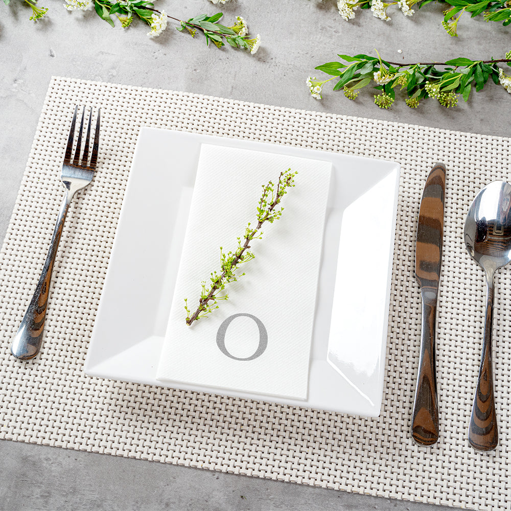Luxenap Rectangle Silver Letter O White Paper Linen-Feel Guest Towel / Napkin - Air Laid, Sans Serif Font - 15 3/4" x 8" - 50 count box