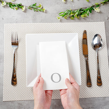 Luxenap Rectangle Silver Letter O White Paper Linen-Feel Guest Towel / Napkin - Air Laid, Sans Serif Font - 15 3/4" x 8" - 50 count box
